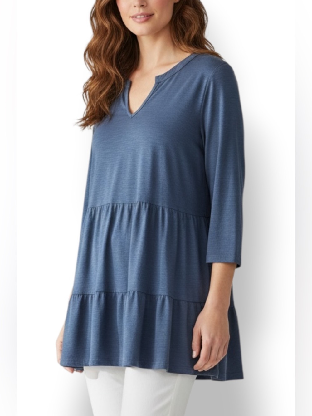 4/$20 Style & Co Blue Tiered Tunic Top 3/4 Sleeve Cotton Babydoll Top Small